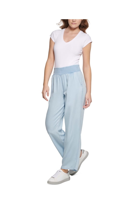 Jeans Petite Smocked Waist Straight Leg Pants Chambray PS