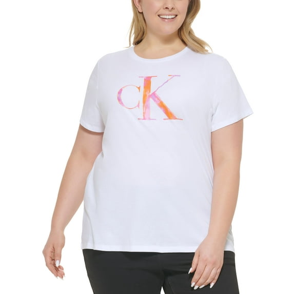 Calvin Klein Jeans Trendy Plus Size Watercolor Ck Logo Iconic T-Shirt White/Cabana 2X