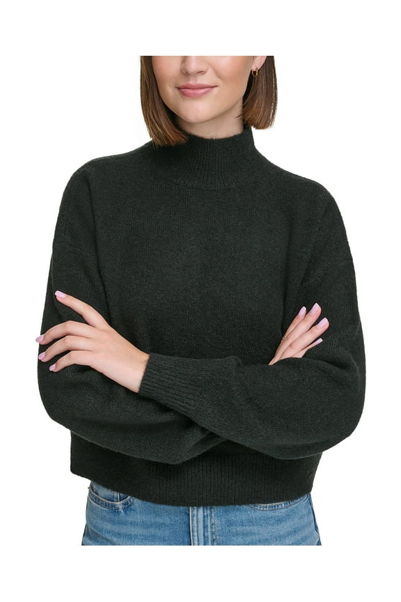 Jeans Womens Boxy Cropped Long Sleeve Mock Neck Sweater Black, Large