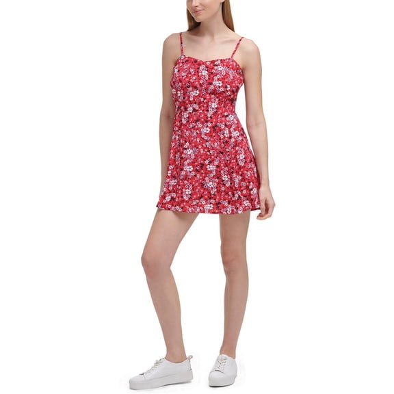 Calvin Klein Jeans Women's Floral Print Adjustable Strap Skater Mini Dress-Red / M