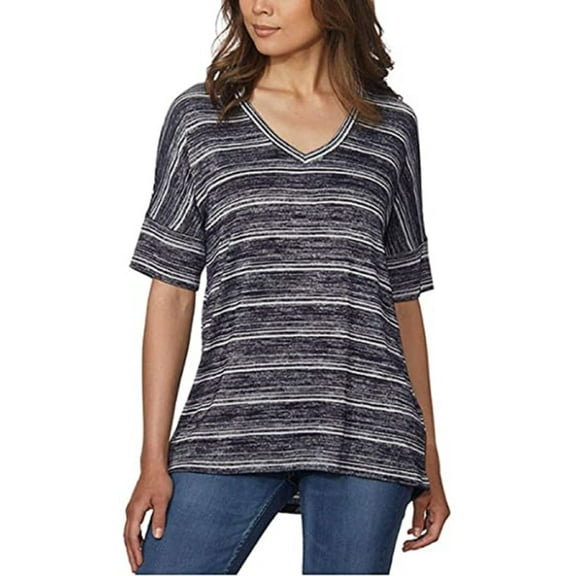 Calvin Klein Jeans Women's V-Neck Stripe Knitted T-Shirt, Peacoat, XS