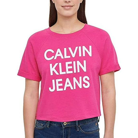 Calvin Klein Jeans Womens French Terry Logo Crop Top (Beetroot, Medium)
