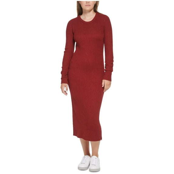 Women's Ribbed Long Sleeve Crewneck Side Slit Dress Syrah M