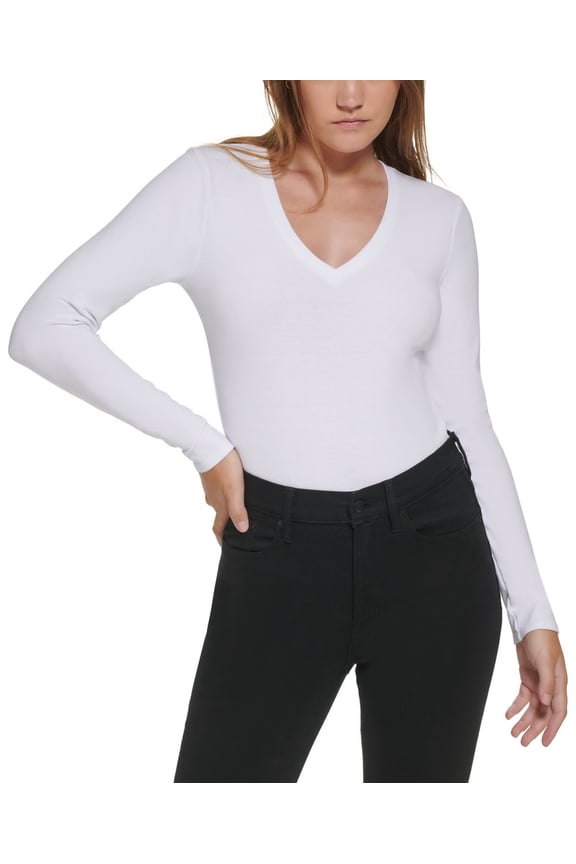 Jeans Womens Long-Sleeve V-Neck Bodysuit White S