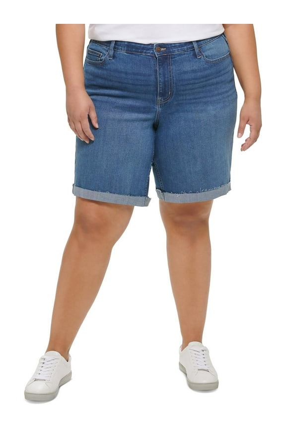 Womens Plus Raw Hem Medium Wash Denim Shorts