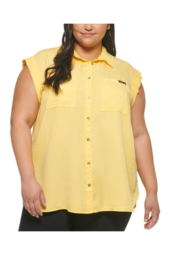 Jeans Womens Plus Tencel Collared Button-Down Top