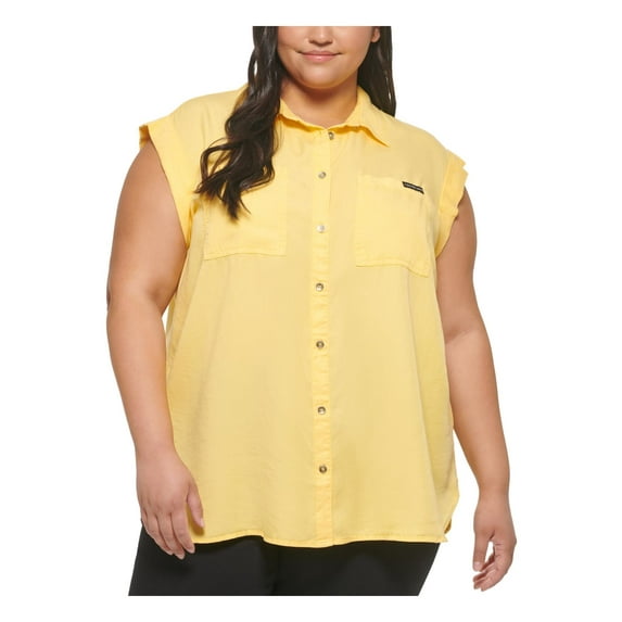 Calvin Klein Jeans Womens Plus Tencel Collared Button-Down Top