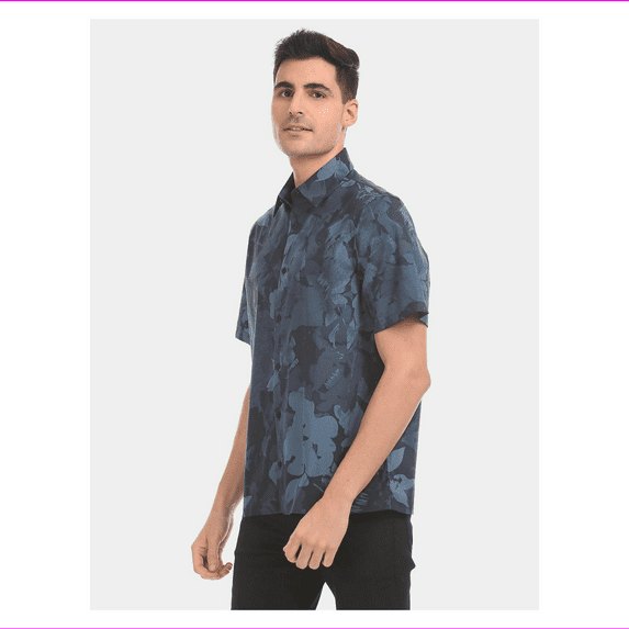 Calvin Klein Men Dark Blue Short Sleeve Traveller Cotton Stretch Printed, S
