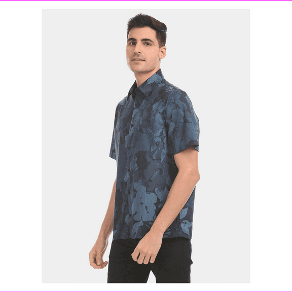 Calvin Klein Men Dark Blue Short Sleeve Traveller Cotton Stretch Printed, S