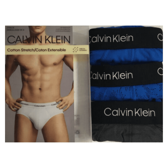 Calvin Klein Men's 3 Pack Hip Brief, Cotton Stretch, BlueandGrey, Size S