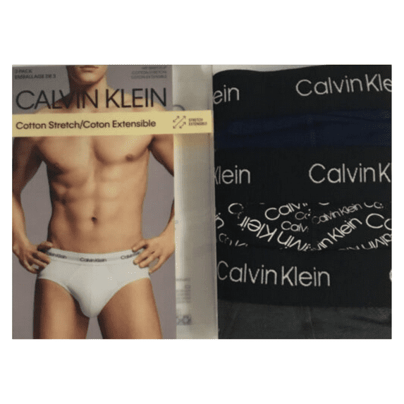 Calvin Klein Men's 3 Pack Hip Brief, Cotton Stretch, NavyandBlack andGrey, Size S
