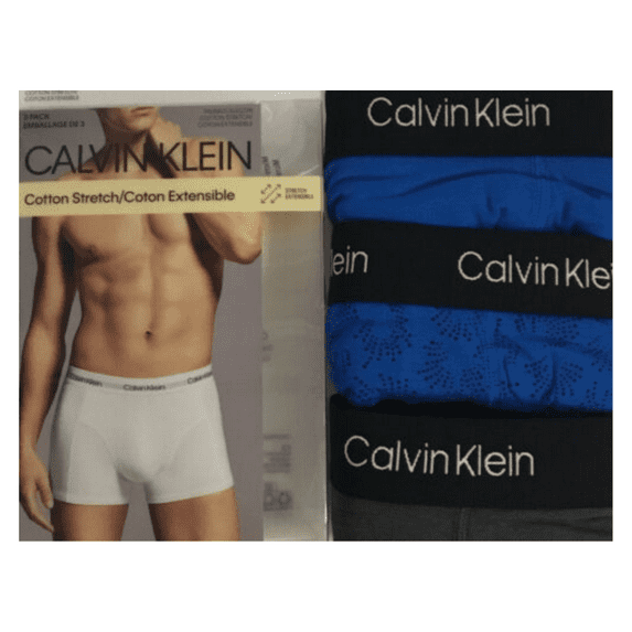 Calvin Klein Men's 3 Pack Trunk, Cotton Stretch, BlueandGrey, Size M