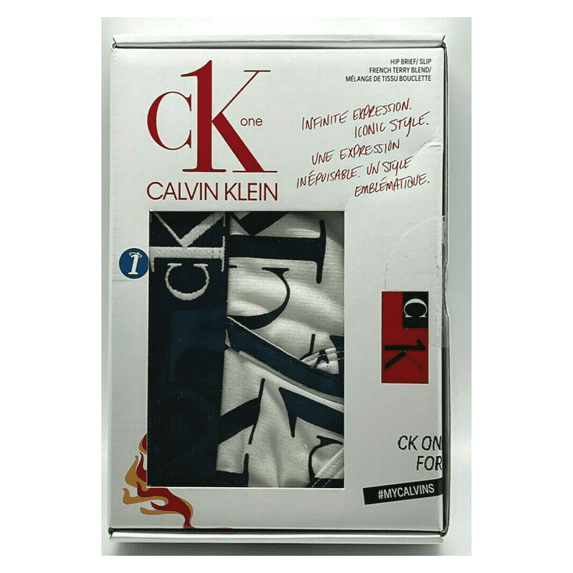 Calvin Klein Men's CK ONE Microfiber Hip Brief White with Navy Logos, L