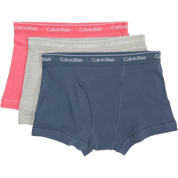 Calvin Klein Men's Cotton Classics 3-Pack Trunk, Cerise Lipstick, Grey Heather, Blue Edge, Small
