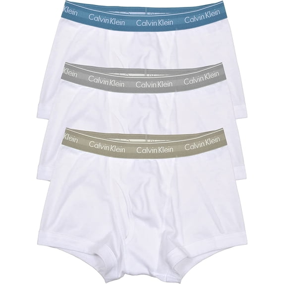 Calvin Klein Men's Cotton Classics 3-Pack Trunk, White bodies with Tapestry teal, Dove and Grey Heather wbs, Large