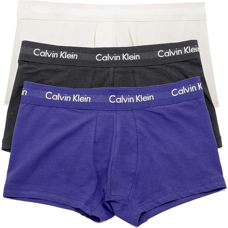 Calvin Klein Men's Cotton Stretch 3-Pack Low Rise Trunk, BLACK W PHANTOM/SPECTRUM BLUE/VAPOROUS GRAY WBS, l