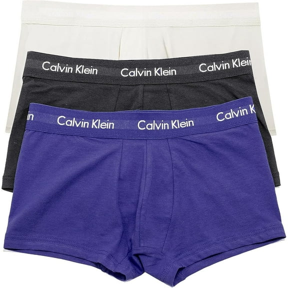 Calvin Klein Men's Cotton Stretch 3-Pack Low Rise Trunk, BLACK W PHANTOM/SPECTRUM BLUE/VAPOROUS GRAY WBS, s