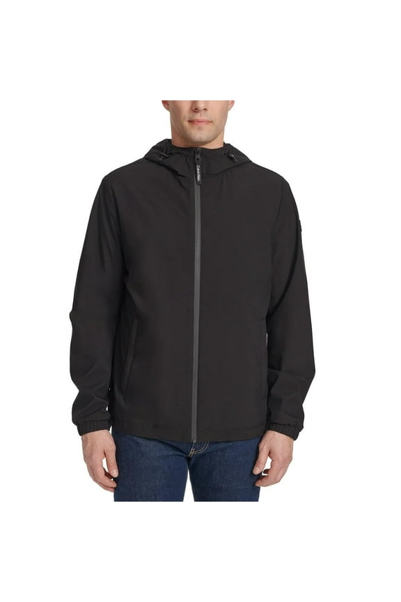 Mens Full Zip Hooded Windbreaker Jacket - Lightweight Two Front Zip Pockets (Black, Medium)