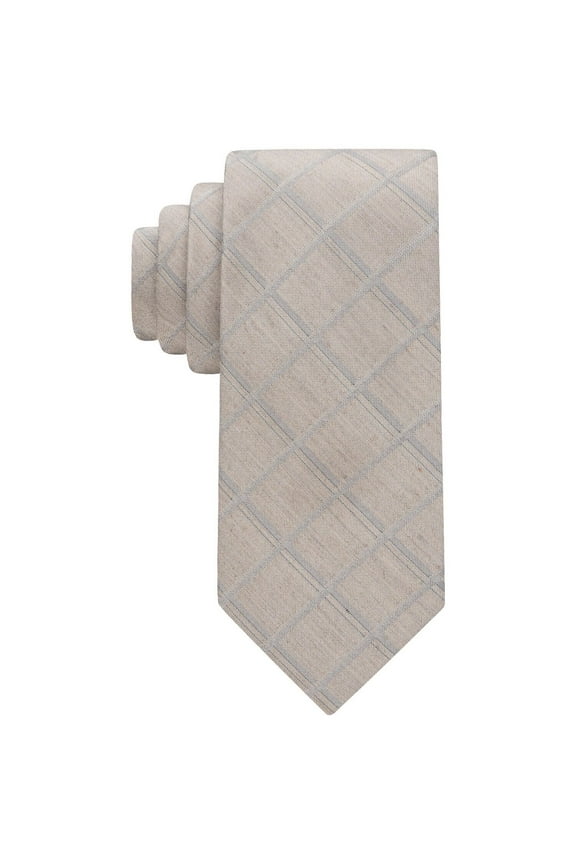 Men's Heather Windowpane Grid Tie Taupe Beige Grey Necktie