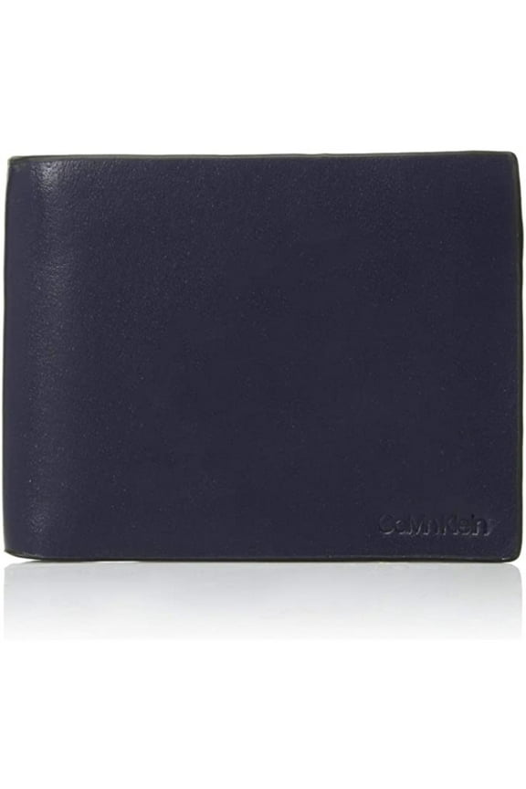 Men's Leather 79813 Embossed Logo Window ID Bifold Wallet Navy