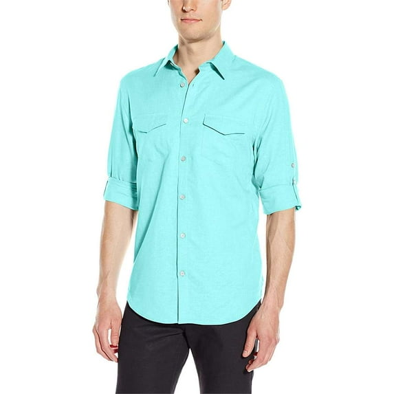 Calvin Klein Men's Linen Long Sleeve Roll Up Shirt, Palm Spring,L - US