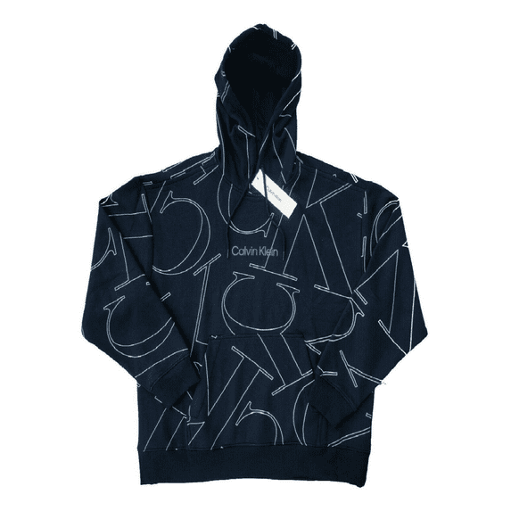 Calvin Klein Men's Long Sleeve, Front Logo and All Over CK Print Hoodie Black,S.