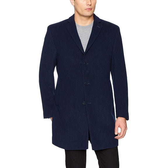 Calvin Klein Men's Modern Fit Wool Blend Overcoat Jacket, Navy Blue Solid, 42 Short