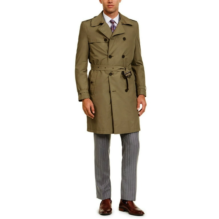 Calvin Klein Men's Olive Slim-Fit Double Breasted Military Raincoat 44Long  