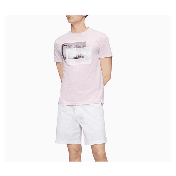 Calvin Klein Men's Palm Tree Beach Graphic Short Sleeve Shirt, Rose , Size S
