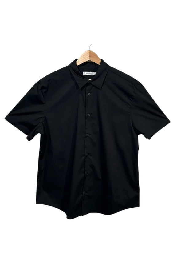 Men's Poplin Button-Up Shirt Size L Solid Black Short Sleeve Casual