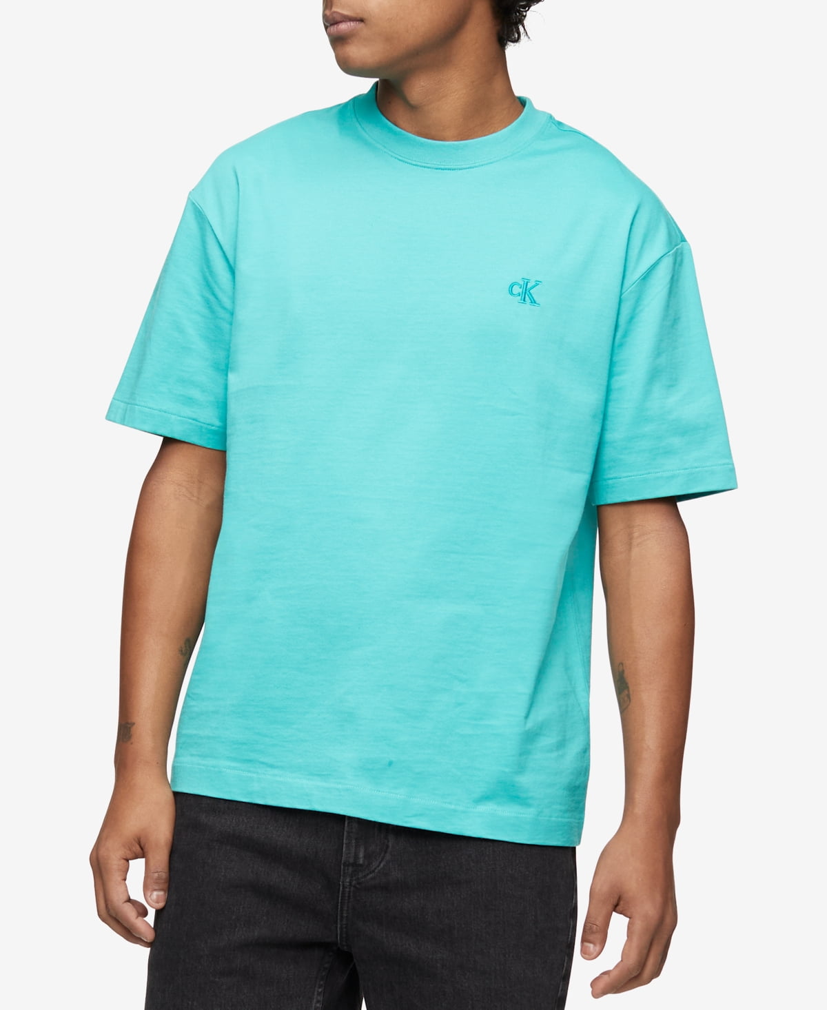 Calvin Klein Men's Relaxed Fit Archive Logo Crewneck T-Shirt, Turquoise,  Small
