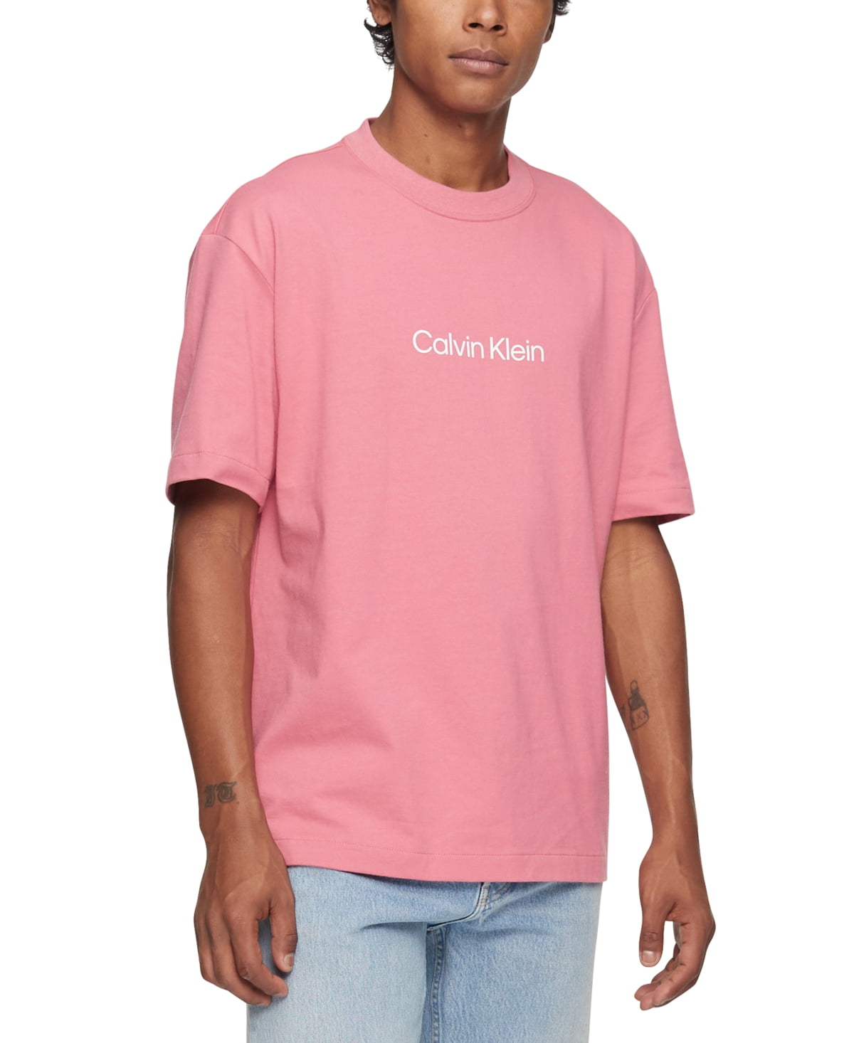 Klein Crewneck Relaxed XX-Large Calvin Logo Men\'s Standard Size T-Shirt Fit Pink