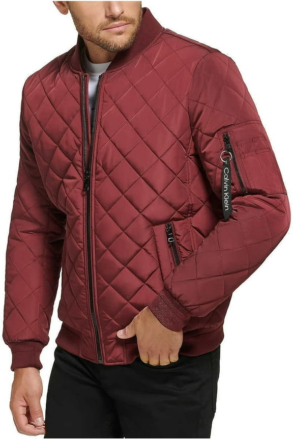 Men's Ribbed Collar Quilted Bomber Jacket (Red, XX-Large)