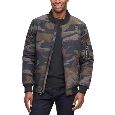 Calvin Klein Men's Ribbed Collar Quilted Bomber Jacket (US, Alpha, Large, Regular, Regular, GREEN(CAMO))