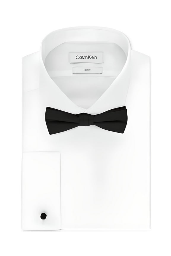 Mens Slim-Fit Solid French Cuff Dress Shirt & Pre-Tied Bow Tie Set, White, 17-1/2. 36-37