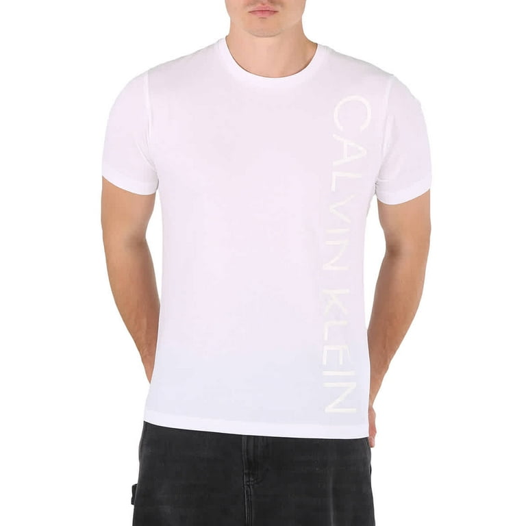 Calvin Klein Men's Vertical Logo Knit Casual T-Shirt in White, Size Large