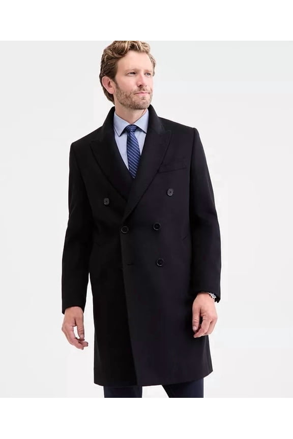 Mens Classic-Fit Wool Double Breasted Overcoat Coat 38S Black