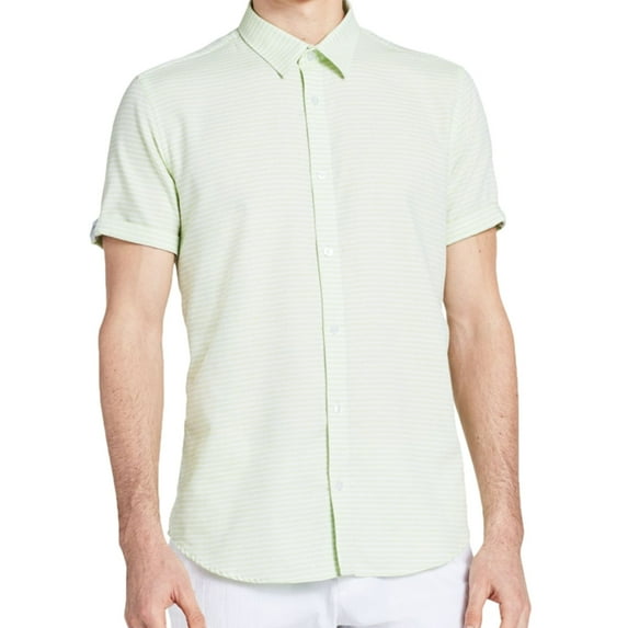 Calvin Klein Mens Dobby Striped Button Up Shirt, Green, Medium