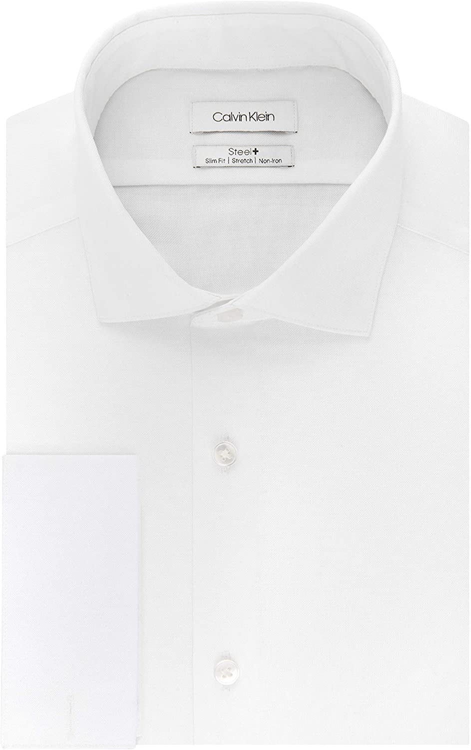 Calvin Klein Mens Dress Shirt Slim Fit Non Iron Stretch Solid French Cuff 15.5 Neck 32-33 Sleeve White