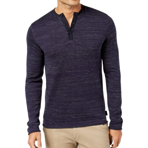 Calvin Klein Mens Heathered Henley Sweater, Blue, XX-Large