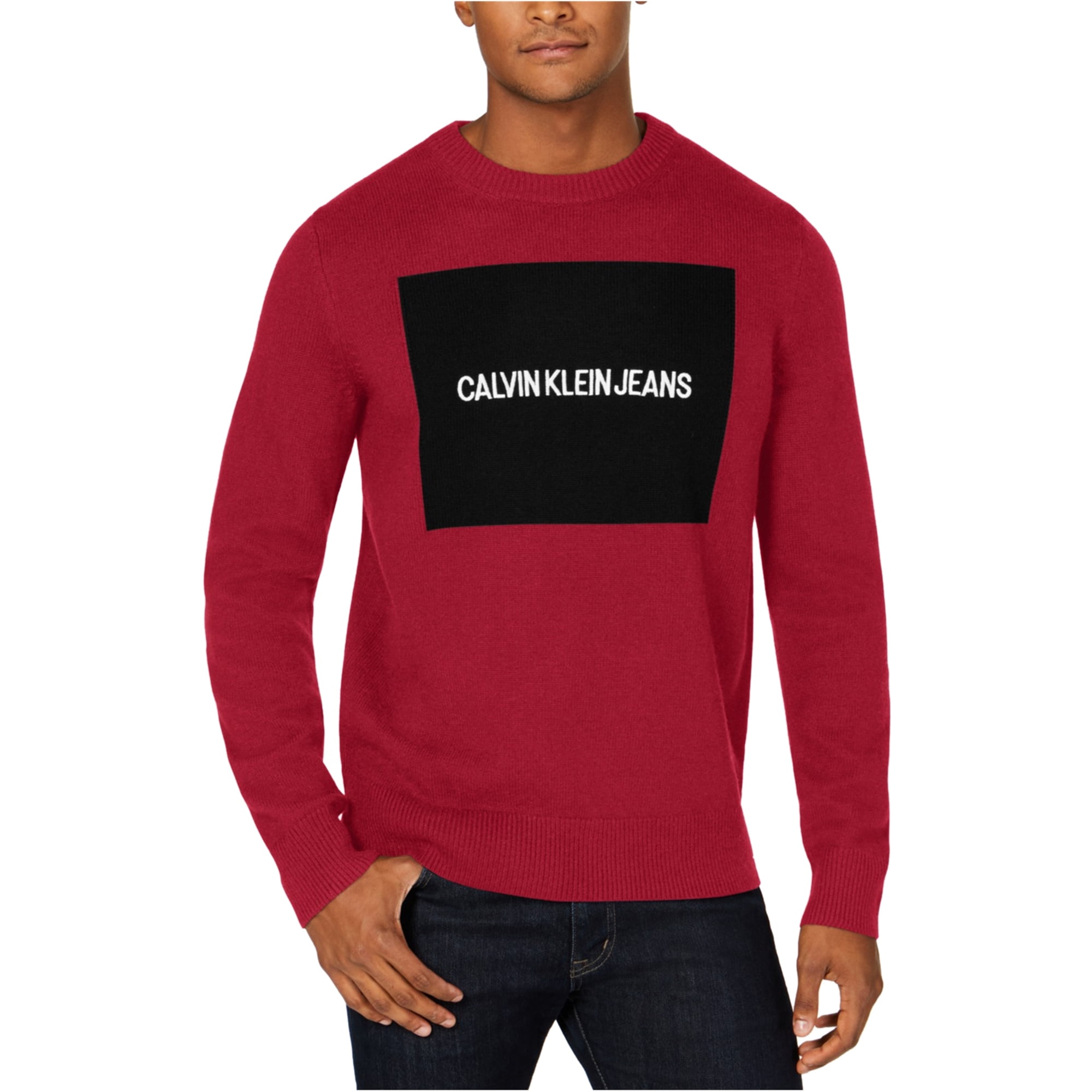 Red, Mens Calvin X-Large Klein Pullover Logo Sweater,