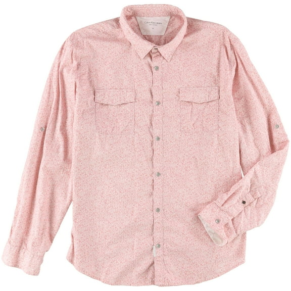 Calvin Klein Mens Patterned Button Up Shirt, Pink, X-Large