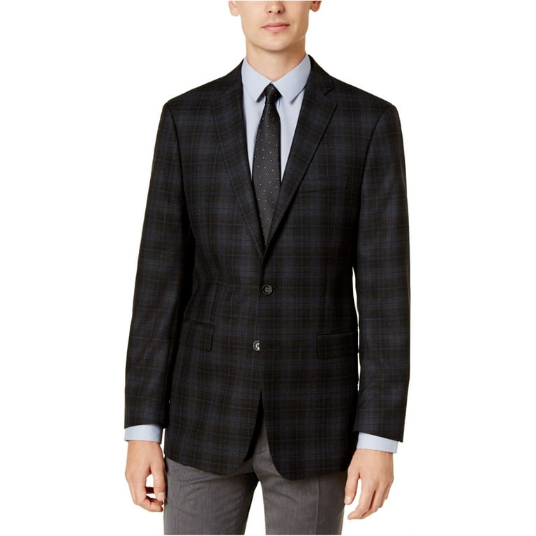 Calvin Klein Mens Plaid Two Button Blazer Jacket Black 42