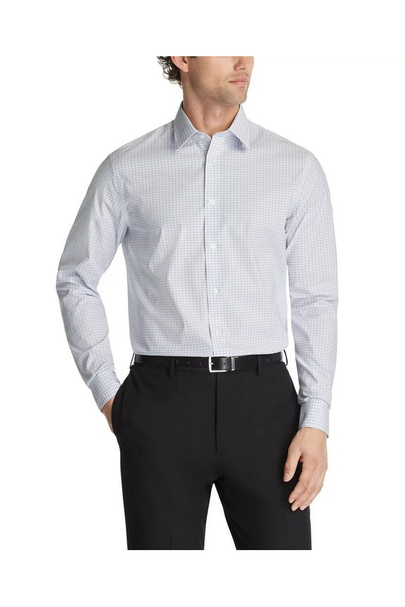 Steel+ Men's Dress Shirt Stretch Slim Fit Check Blue M (15, 32/33)