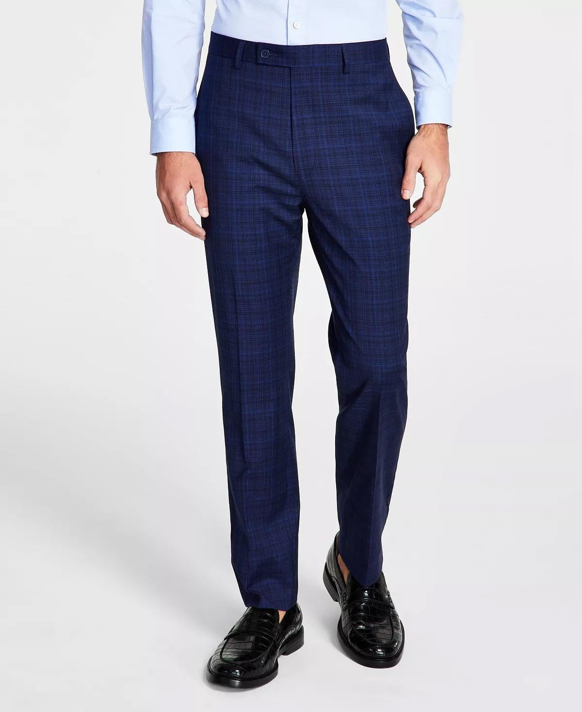 Calvin Klein Mens Slim Fit Plaid Dress Pants Blue 36 x 34