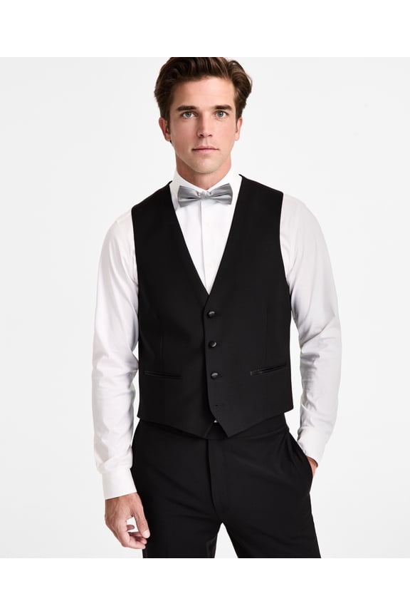 Mens Slim fit Button-Up Vest Medium Black Solid Stretch Wool