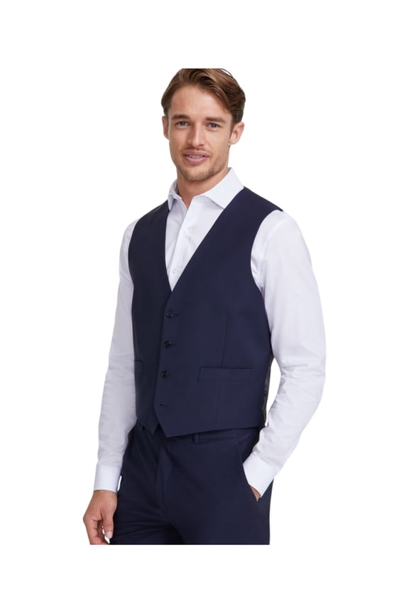 Mens Slim fit Button-Up Suit Vest Medium Navy Blue Solid Stretch
