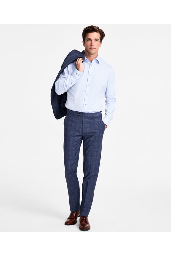 Mens Slim fit Dress Pants 36 / 30 Navy Blue Plaid Stretch Wool