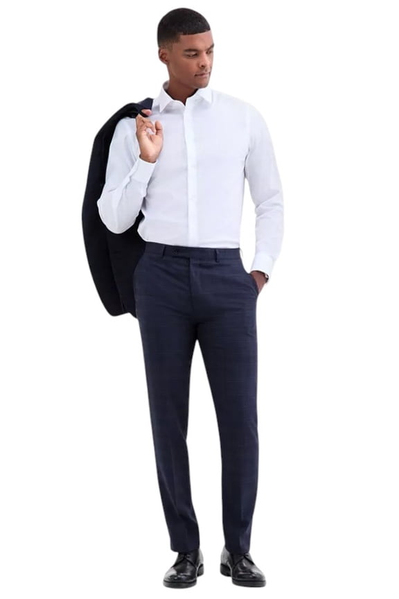 Mens Slim fit Dress Pants 40 / 30 Navy Blue Plaid Stretch Wool