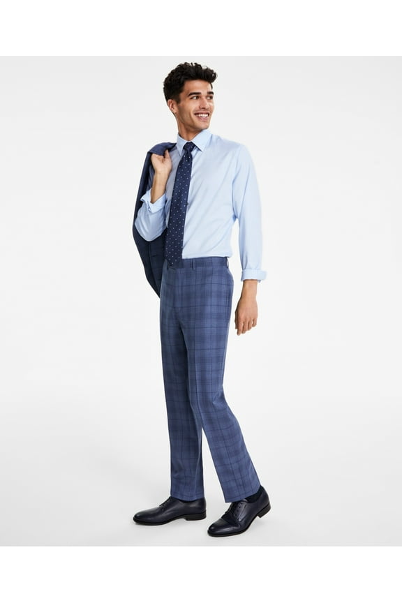 Mens Slim fit Dress Pants 42 / 30 Blue Plaid Stretch Wool